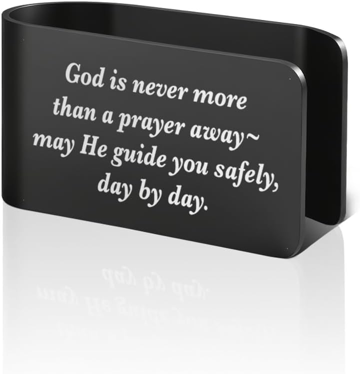 PUVOXHO God is Never More Than A Prayer Away Black Engraved Stainless Steel Car Visor Clip, Religious Visor Clips for Cars, New Driver Gifts, Safety Prayer Thank You Gifts for Dad Mom Family Friend - Image 1